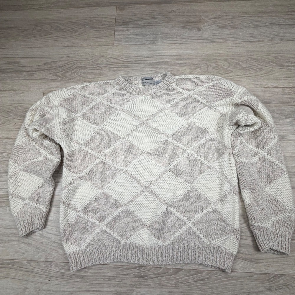 Vintage Alan Michaels Mens‎ Hand Knitted Argyle Diamond Sweater Cream Tan Size L
